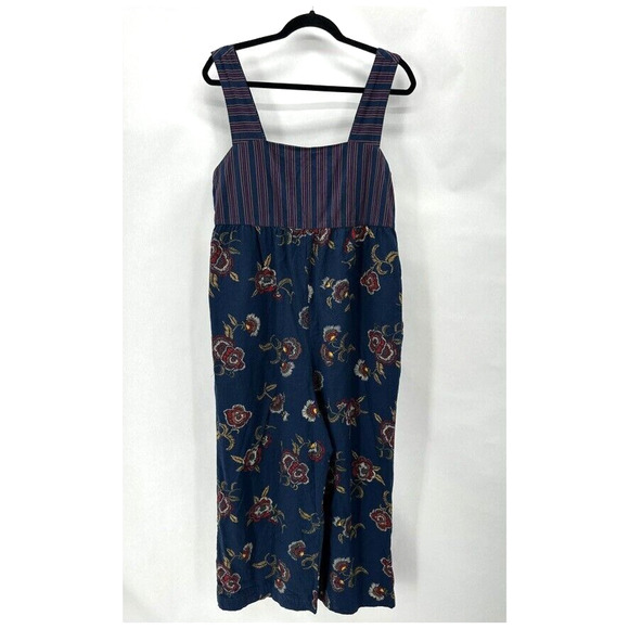Madewell x Warm Jumpsuit Wide Leg Size 10 Blue Floral Stripes Cottage Boho Comfy - Picture 9 of 9